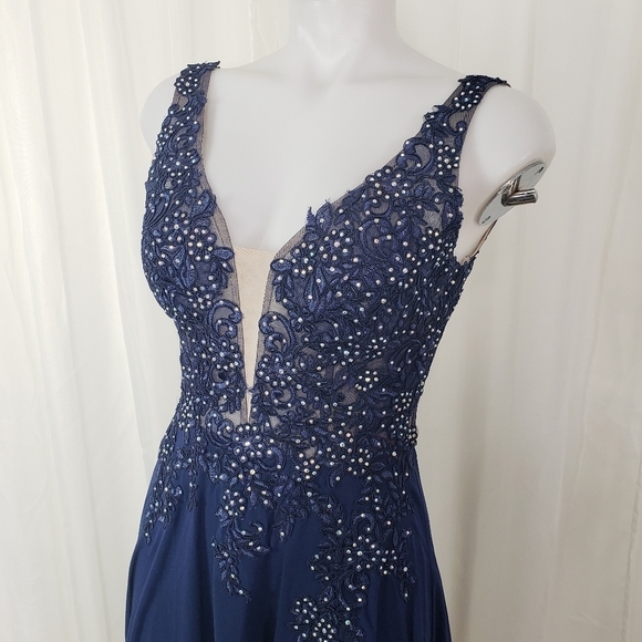 Blondie Nites Stacy Sklar navy blue formal dress openback rhinestone high slit 5 - Picture 2 of 13